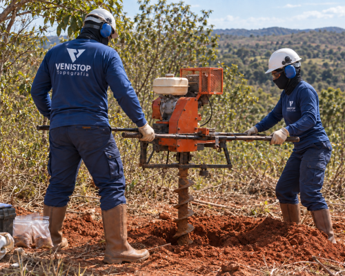 Imagem ilustrativa de dois profissionais Venistop com EPIs operando trado mecanizado portátil em campo